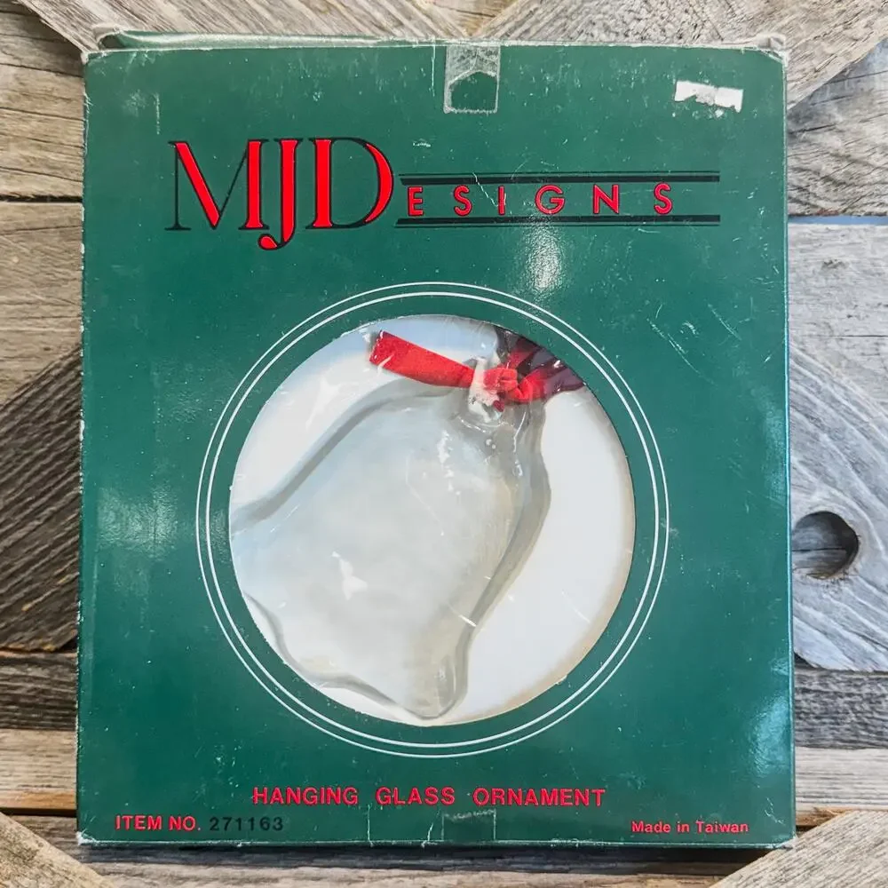 Vintage MJ Designs, Hanging Ornament Heavy Glass Ring Encircling Bell w/ Box